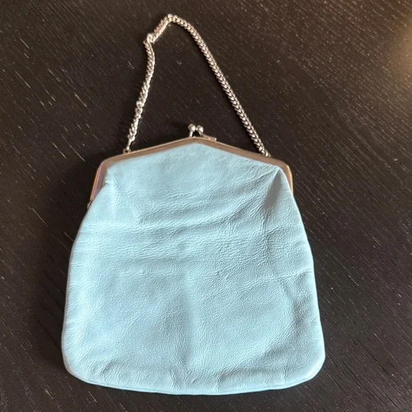 Women’s Elegant Sky Blue Leather Mini Bag. Chain strap. Ball snap clasp. - Picture 2 of 5